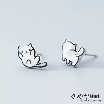 【Sayaka紗彌佳】925純銀可愛萌寵白色小貓不對稱造型耳環 -單一色系