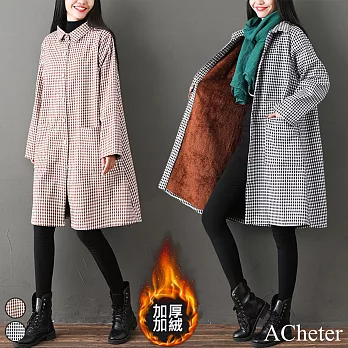 【A.Cheter】韓國文青加絨加厚保暖格紋長版襯衫外套#105754M咖