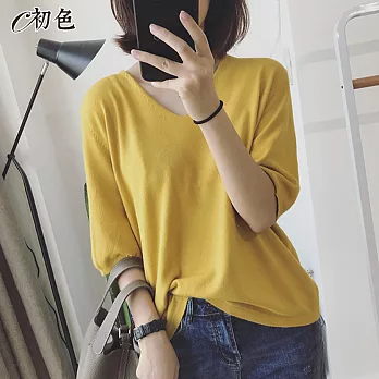 【初色】V領五分袖針織衫-共10色-94923(F可選) F 黃色