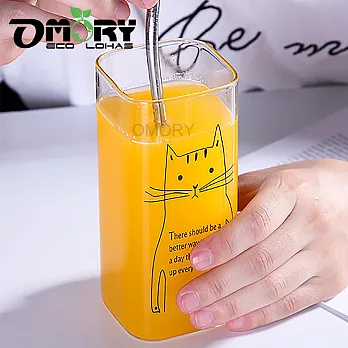 【OMORY】玻璃方口杯400ML-貓咪