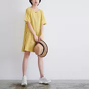 【慢。生活】純色線繡寬版棉麻感連衣裙 3063　FREE 黃色