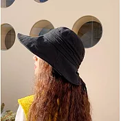 夏季棉麻韓版可折疊皺褶綁帶大帽檐漁夫帽(黑)