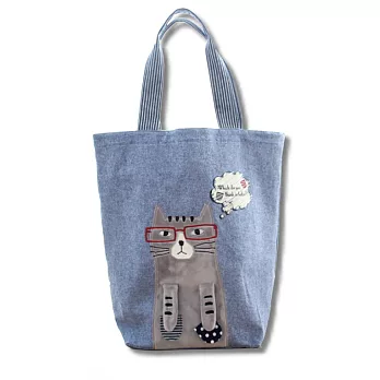 現貨O-ni O-ni 日本新款毛巾刺繡貓咪帆布手提包 (3680)牛仔藍