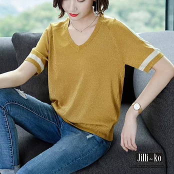 【Jilli~ko】簡約撞色金蔥V領針織上衣 A764　FREE 黃色