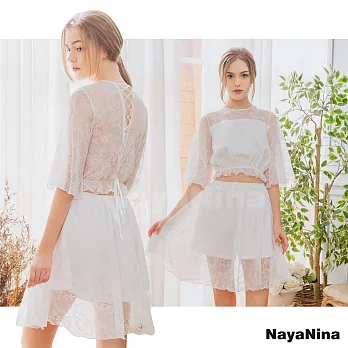 【Naya Nina】雪白蕾絲美背綁帶套裝式居家洋裝睡衣FREE白色