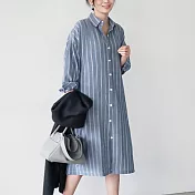 【MsMore】韓國氣質寬鬆舒適中長條紋開襟襯衫#106527 L 灰