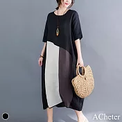 【A.Cheter】韓國大碼拼接三色塊棉麻洋裝#106653XL黑