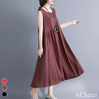 【A.Cheter】美妙飛舞大碼棉麻感無袖洋裝#106656XL咖