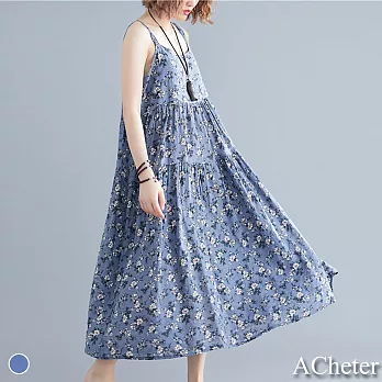 【A.Cheter】荷蘭艷夏雛菊印花細肩圓領棉麻洋裝#106769F藍
