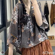 【A.Cheter】日系和服風印花V領大碼棉麻上衣#107072F印花
