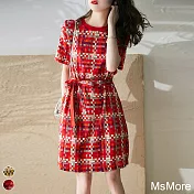 【MsMore】小香風精品格紋印花涼感冰絲洋裝#107209L紅
