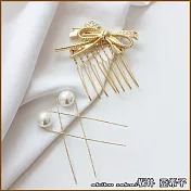 『坂井．亞希子』華麗閃亮蝴蝶結造型珍珠髮插三件組 -金色