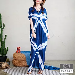 【潘克拉】藍染幾何紋Y字領純棉連衣裙 TM1251 FREE藍色