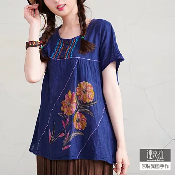 【潘克拉】彩色繡線手繪圖案捲皺純棉小衫 TM688　FREE深藍色