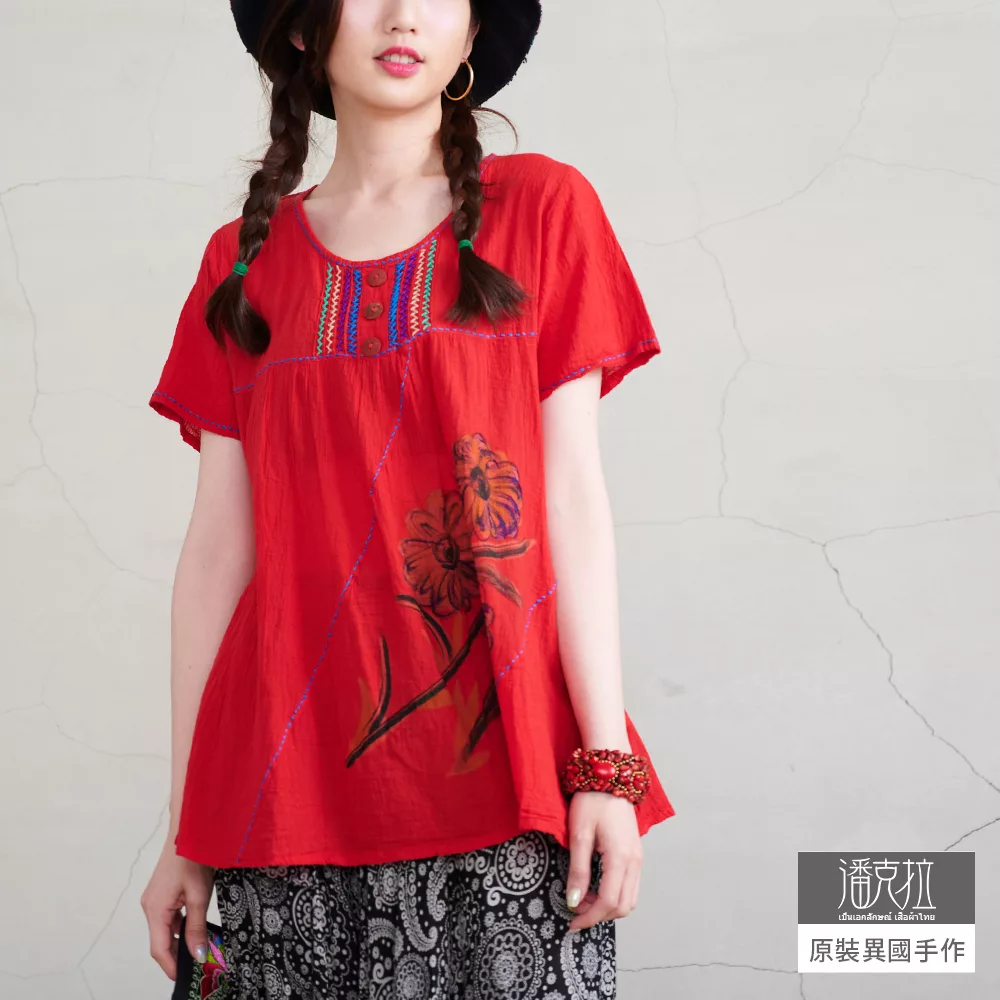 【潘克拉】彩色繡線手繪圖案捲皺純棉小衫 TM688　FREE紅色