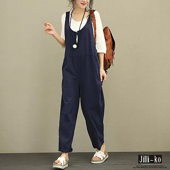 【Jilli~ko】簡約休閒寬版吊帶連身褲 J7812　FREE深藍