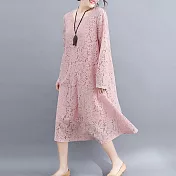 【MsMore】法國香風蕾絲彈力寬鬆長袖洋裝#107461L粉紅