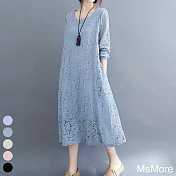 【MsMore】法國香風蕾絲彈力寬鬆長袖洋裝#107461L藍