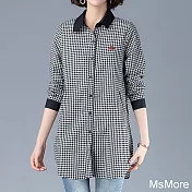 【MsMore】日系小可愛刺繡細格棉麻長版襯衫#107453M黑