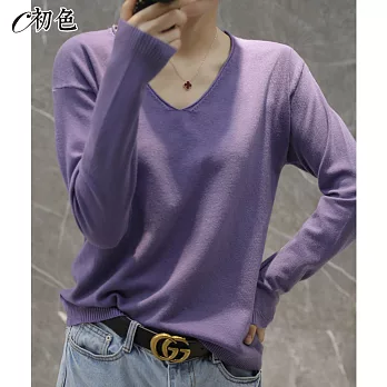 【初色】初秋薄款V領針織衫-共10色-97104(M-2XL可選) M 紫色
