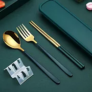 【EZlife】304不鏽鋼歐式便攜鈦金餐具四件套金綠