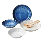 【小倉陶器】珍珠貝殼藍白餐盤4入組 (附木匙)