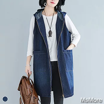 【MsMore】日本風尚寬鬆連帽背心牛仔外套#107966L藍