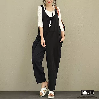 【Jilli~ko】簡約休閒寬版吊帶連身褲 J7812　FREE黑色