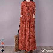 【A.Cheter】秋風葉小碎花恬靜棉麻長洋裝#107814M磚紅