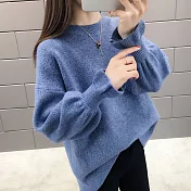 【MsMore】時尚流行百搭純色小花苞袖毛衣#108130F藍
