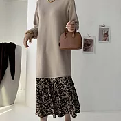 【MsMore】韓國暖棉絨拼接動物紋裙襬洋裝#108236F駝