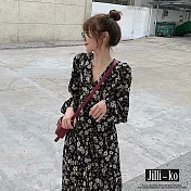 【Jilli~ko】V領碎花雪紡連衣裙 L/XL 6536　L黑色