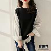 【Jilli~ko】時尚條紋拼接休閒上衣 M/L/XL 8020　M黑色