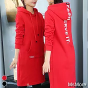 【MsMore】一件保暖俏麗絨綿長版帽T#108368XL紅