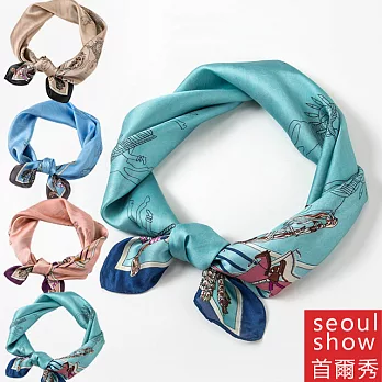 seoul show首爾秀 印第安馬方領巾仿蠶絲頭巾雪紡絲巾 藍綠