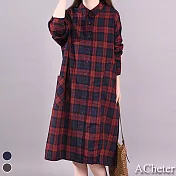 【A.Cheter】文青藝術格紋棉襯杉洋裝#108506 XL 紅