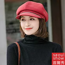 seoul show首爾秀 兩用緞紋八角帽百搭網紅鴨舌帽貝雷帽紅色