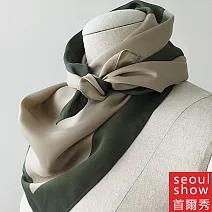 seoul show首爾秀 素面拼色方巾仿蠶絲頭巾領巾雪紡圍巾仿真絲絲巾 卡其綠拼色