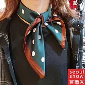seoul show首爾秀 復古波點方巾仿蠶絲頭巾領巾雪紡圍巾仿真絲絲巾 藍綠白點