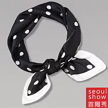 seoul show首爾秀 復古波點方巾仿蠶絲頭巾領巾雪紡圍巾仿真絲絲巾 黑底白點