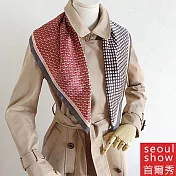 seoul show首爾秀 幾何拼色方巾仿蠶絲頭巾領巾雪紡圍巾仿真絲絲巾 紅色