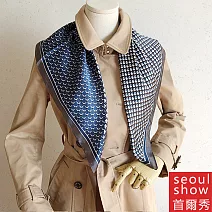 seoul show首爾秀 幾何拼色方巾仿蠶絲頭巾領巾雪紡圍巾仿真絲絲巾 藍色