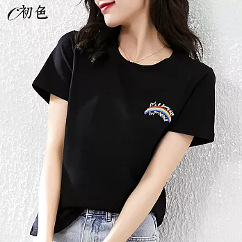 【初色】簡約彩虹刺繡T恤-黑色-98298(M-2XL可選) M 黑色