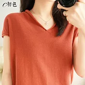 【初色】V領純色針織衫-共9色-98271(M-2XL可選) M 鏽紅