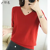 【初色】簡約V領五分袖針織衫-共9色-98365(M-2XL可選) L 紅色
