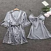 【唯蜜色】甜美吊帶蕾絲裝飾仿真絲居家內睡睡袍兩件套 灰色