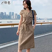 【初色】簡約舒適口袋連身裙-共2色-97037(M-2XL可選) M 卡其色