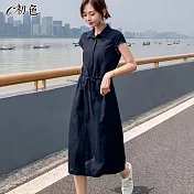 【初色】純色繫帶棉麻洋裝-共2色-96902(M-2XL可選) M 藏青色