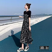 【Jilli~ko】赫本風拼接碎花連衣裙 M/L 6431　 M 黑色