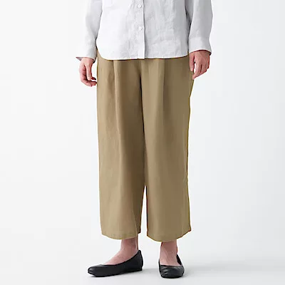 [MUJI無印良品]女法國亞麻寬擺八分褲 XL 駝色